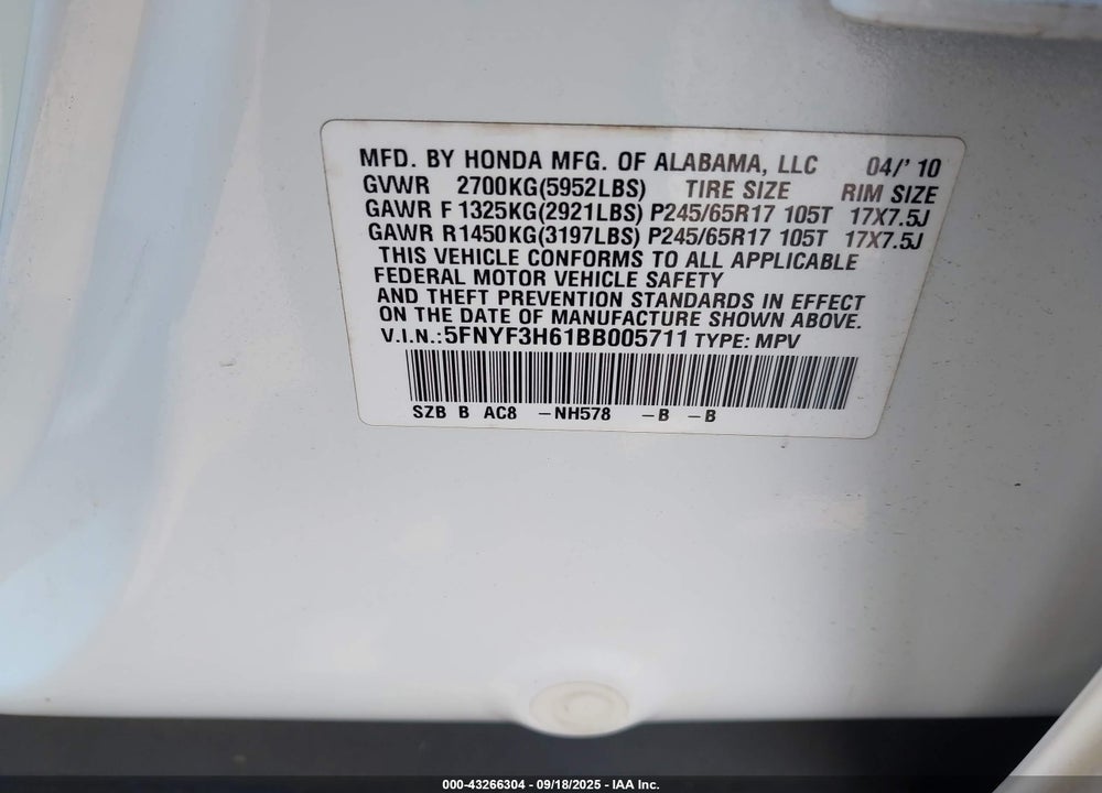 2011 HONDA PILOT VIN: 5FNYF3H61BB005711