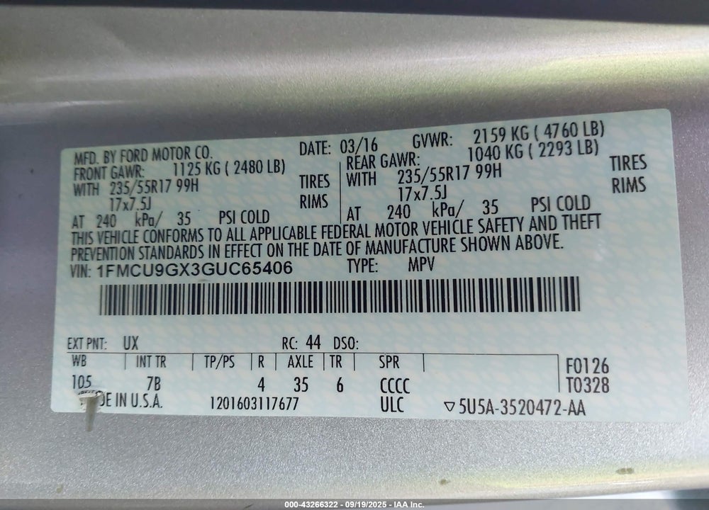 2016 FORD ESCAPE VIN: 1FMCU9GX3GUC65406