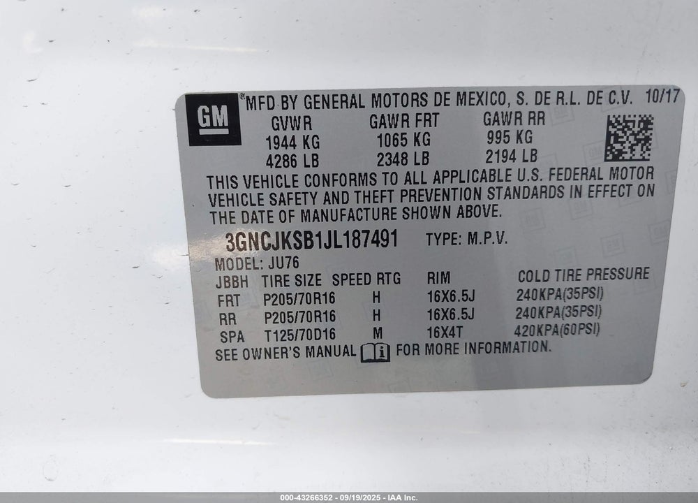 2018 CHEVROLET TRAX LS VIN: 3GNCJKSB1JL187491