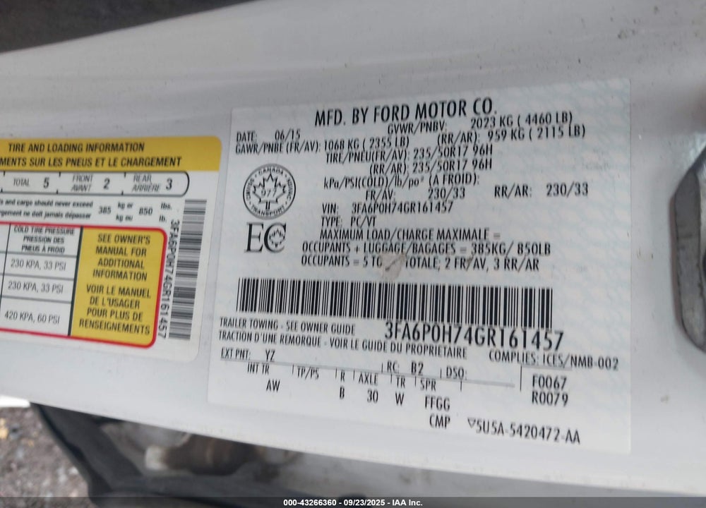 2016 FORD FUSION VIN: 3FA6P0H74GR161457