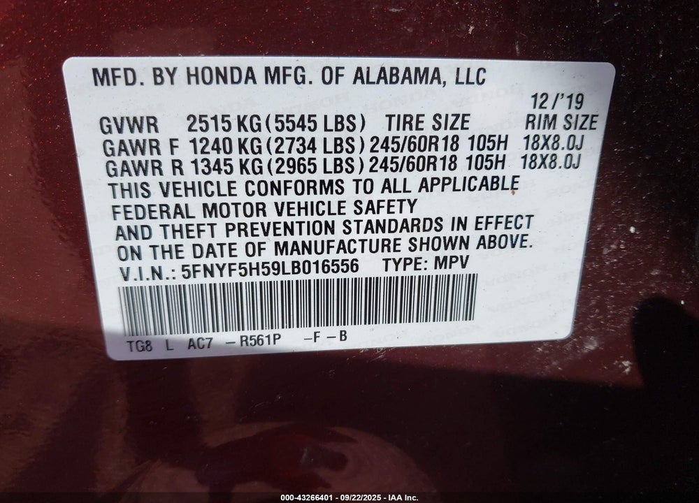 2020 HONDA PILOT VIN: 5FNYF5H59LB016556