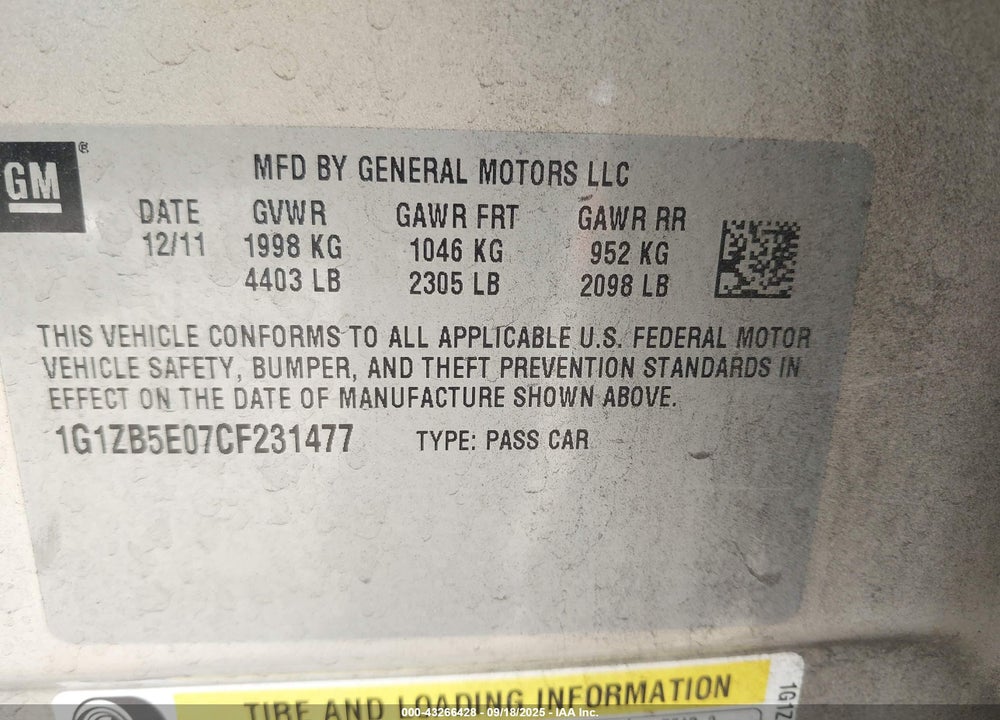 2012 CHEVROLET MALIBU VIN: 1G1ZB5E07CF231477