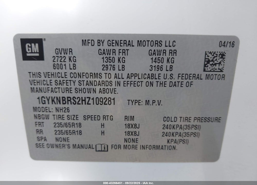 2017 CADILLAC XT5 LUXURY VIN: 1GYKNBRS2HZ109281
