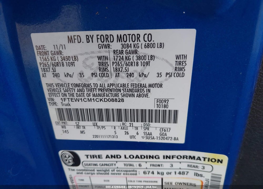 2012 FORD F-150 VIN: 1FTEW1CM1CKD08828