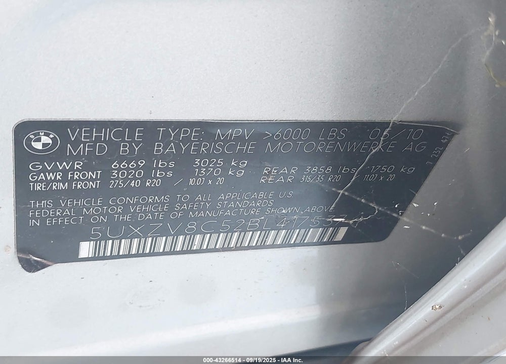 2011 BMW X5 XDRIVE50I VIN: 5UXZV8C52BL417537