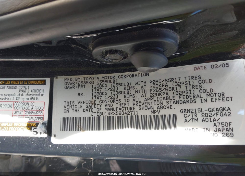 2005 TOYOTA 4RUNNER SR5 V6 VIN: JTEBU14RX58042711