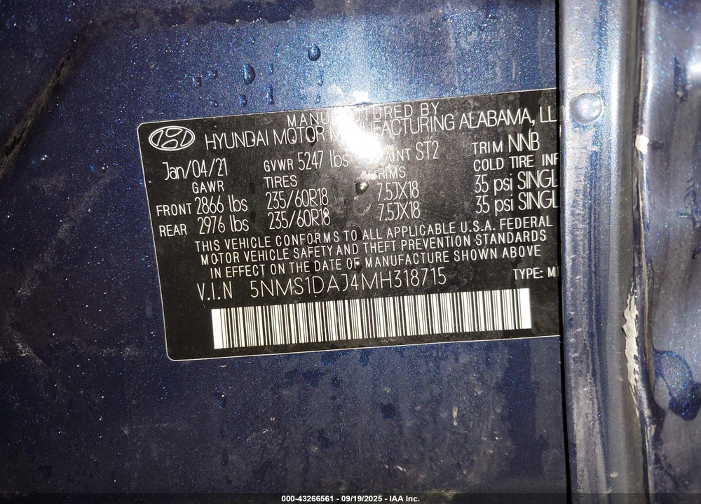 2021 HYUNDAI SANTA FE SE VIN: 5NMS1DAJ4MH318715