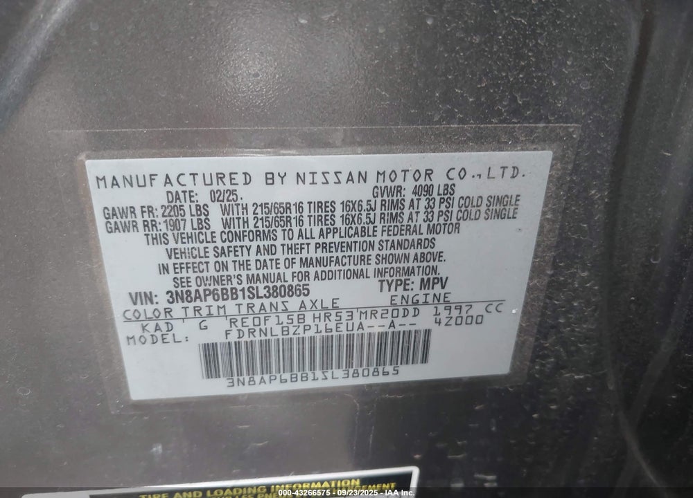 2025 NISSAN KICKS VIN: 3N8AP6BB1SL380865