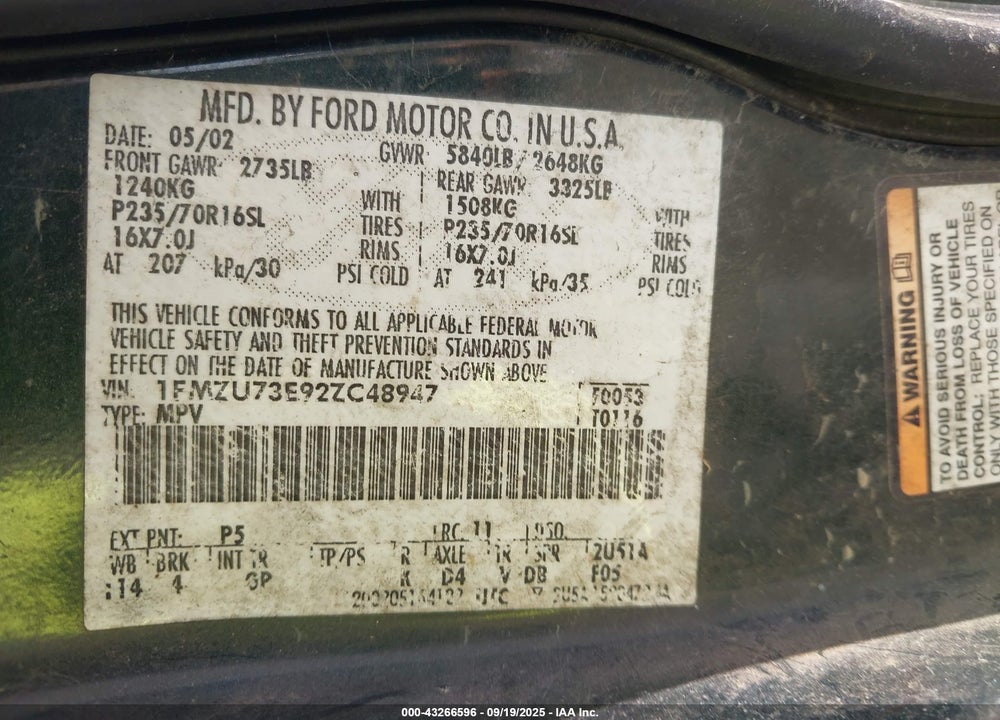 2002 FORD EXPLORER XLT VIN: 1FMZU73E92ZC48947