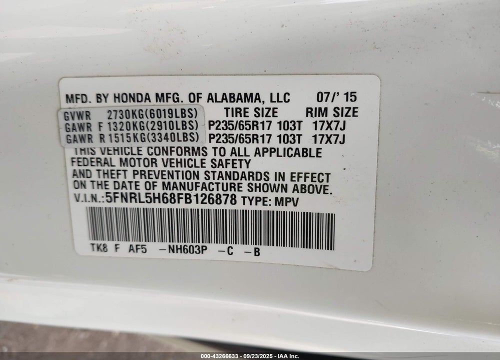 2015 HONDA ODYSSEY EX-L VIN: 5FNRL5H68FB126878