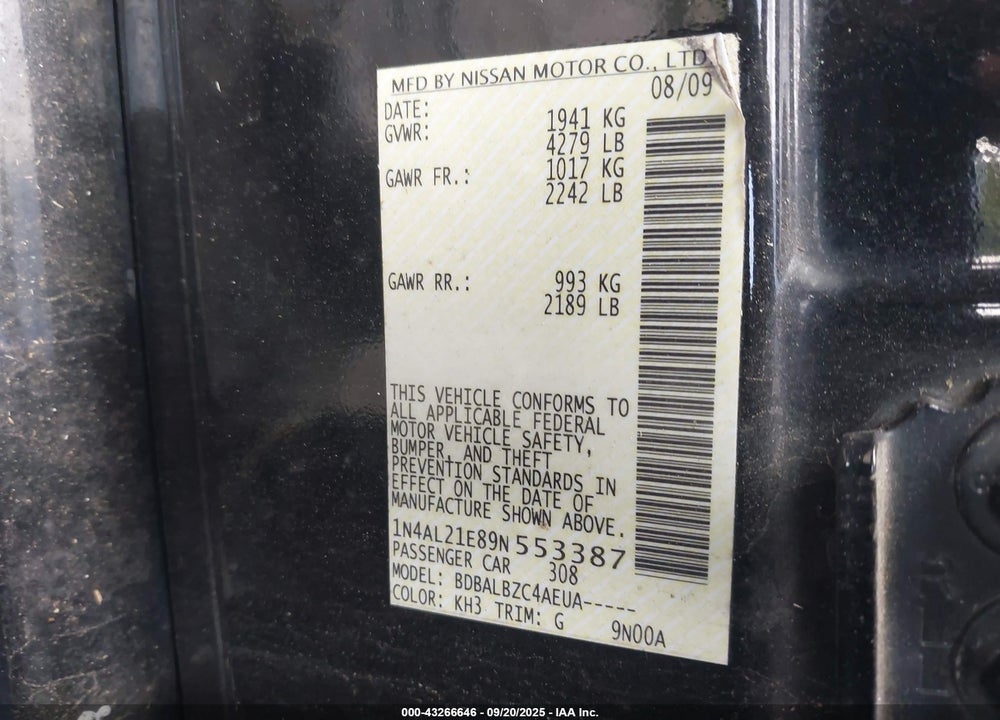 2009 NISSAN ALTIMA VIN: 1N4AL21E89N553387
