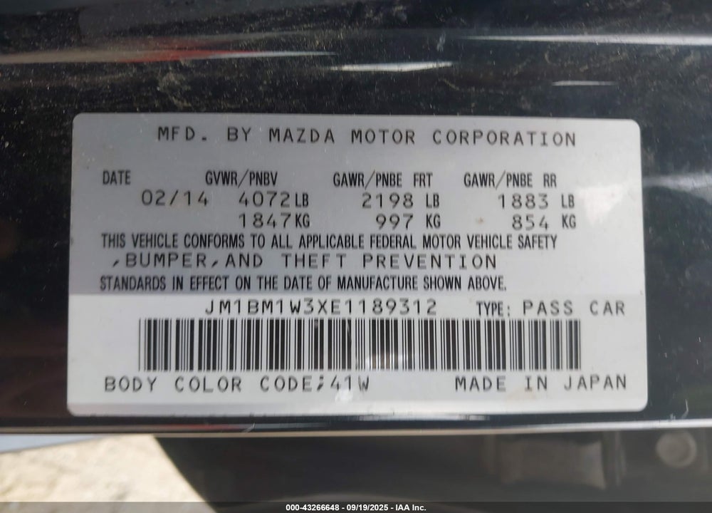 2014 MAZDA 3 VIN: JM1BM1W3XE1189312