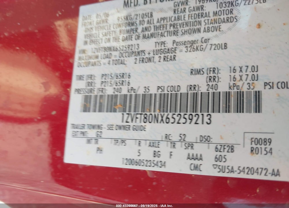 2006 FORD MUSTANG V6 VIN: 1ZVFT80NX65259213
