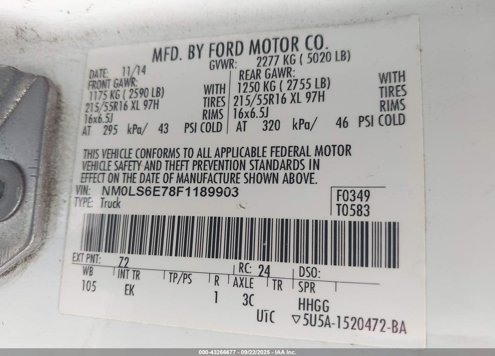 2015 FORD TRANSIT CONNECT VIN: NM0LS6E78F1189903