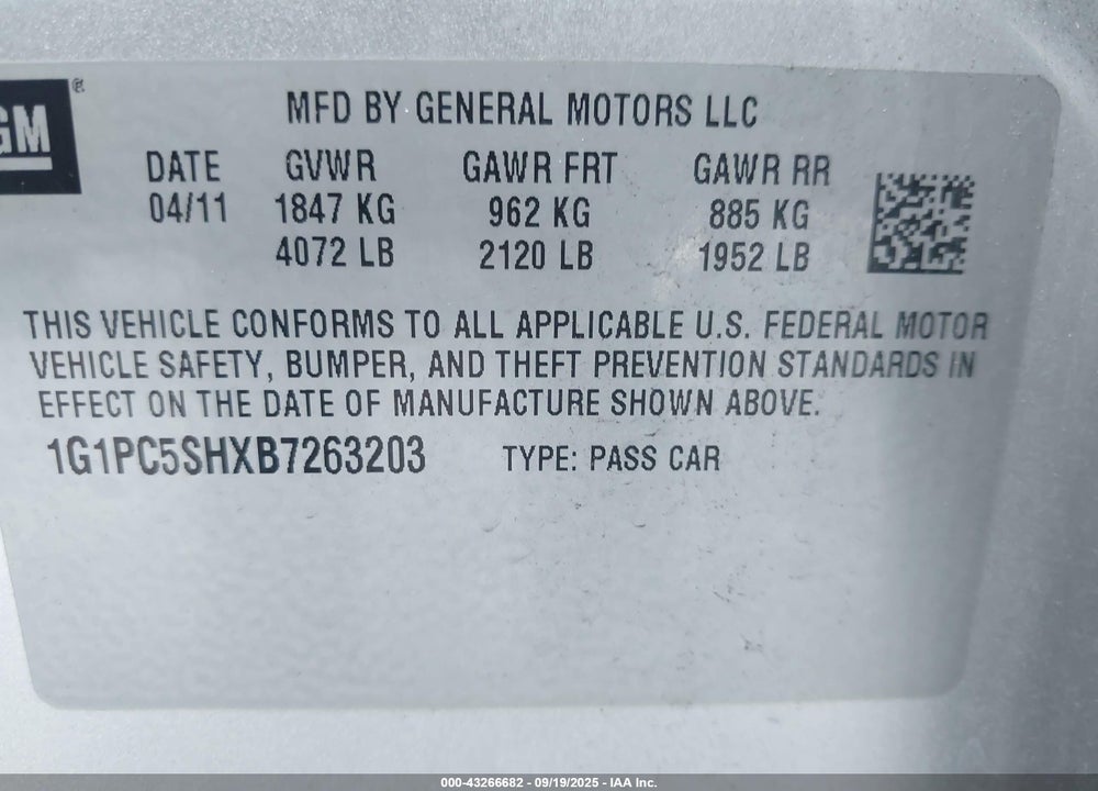 2011 CHEVROLET CRUZE VIN: 1G1PC5SHXB7263203