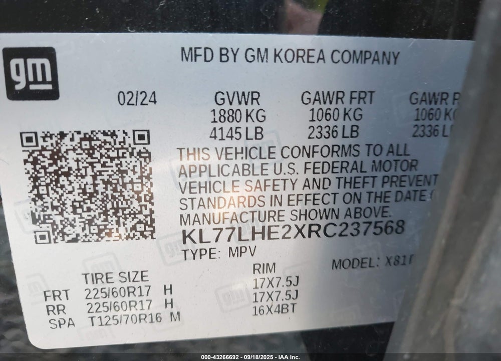 2024 CHEVROLET TRAX VIN: KL77LHE2XRC237568