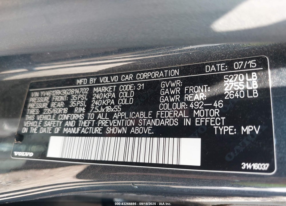 2016 VOLVO XC60 VIN: YV4612RK9G2814702