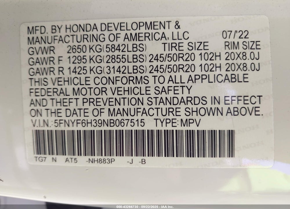 2022 HONDA PILOT AWD SPORT VIN: 5FNYF6H39NB067515