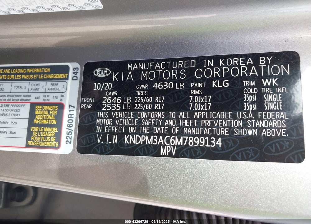 2021 KIA SPORTAGE VIN: KNDPM3AC6M7899134