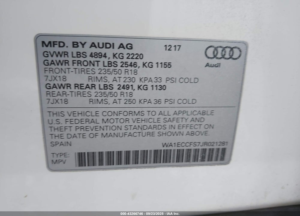 2018 AUDI Q3 VIN: WA1ECCFS7JR021281