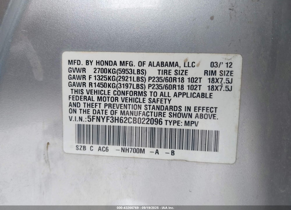 2012 HONDA PILOT VIN: 5FNYF3H62CB022096