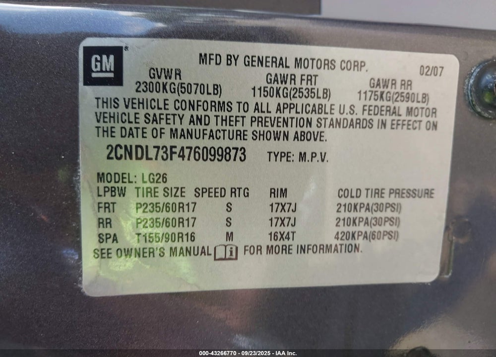 2007 CHEVROLET EQUINOX LT VIN: 2CNDL73F476099873