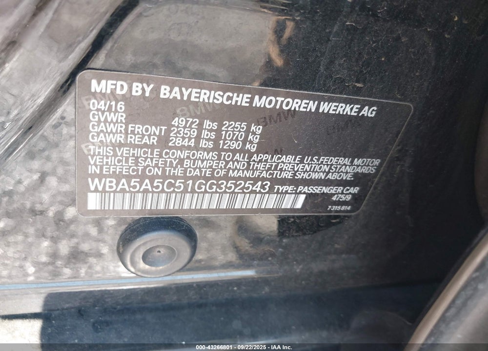 2016 BMW 5 SERIES VIN: WBA5A5C51GG352543