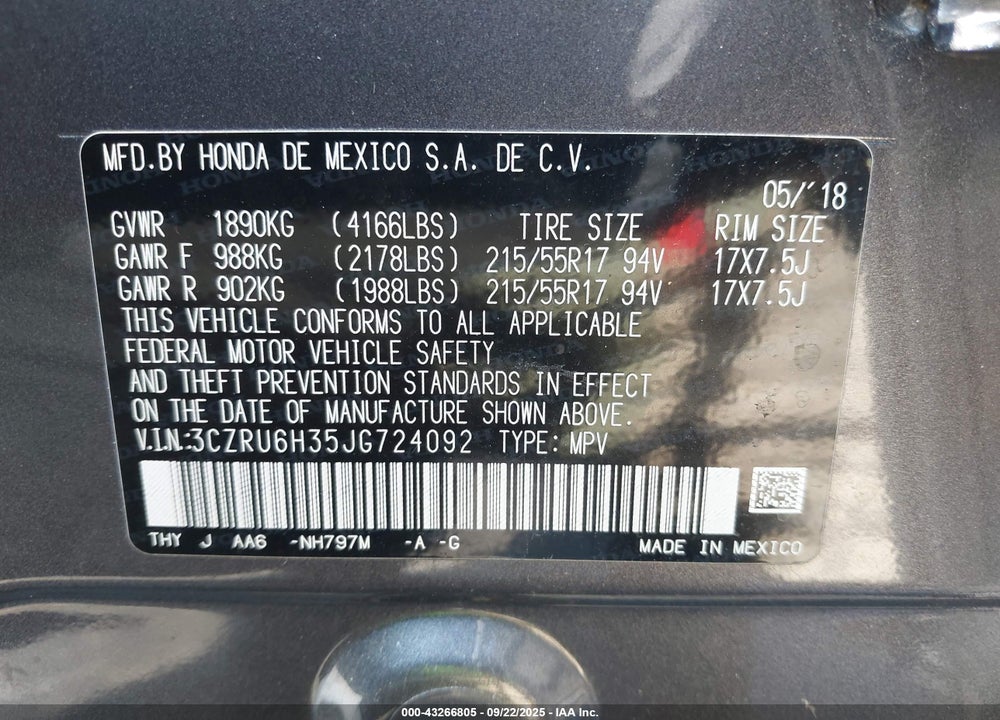 2018 HONDA HR-V LX VIN: 3CZRU6H35JG724092