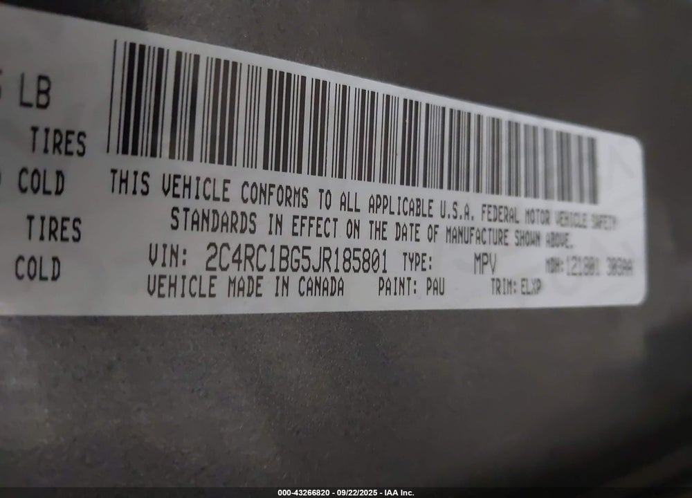 2018 CHRYSLER PACIFICA VIN: 2C4RC1BG5JR185801