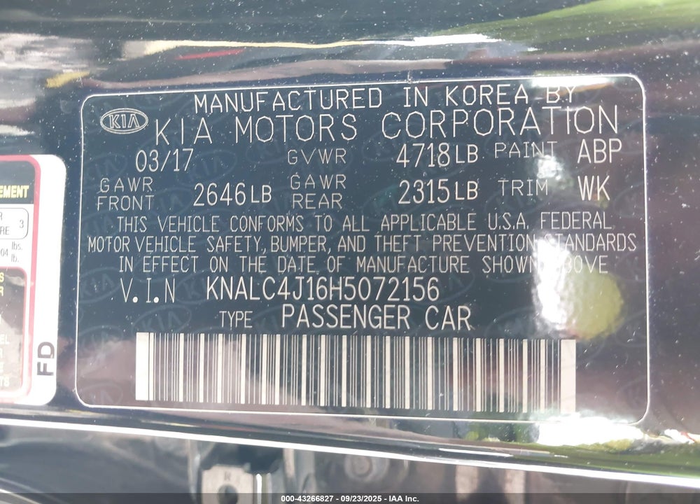 2017 KIA CADENZA VIN: KNALC4J16H5072156
