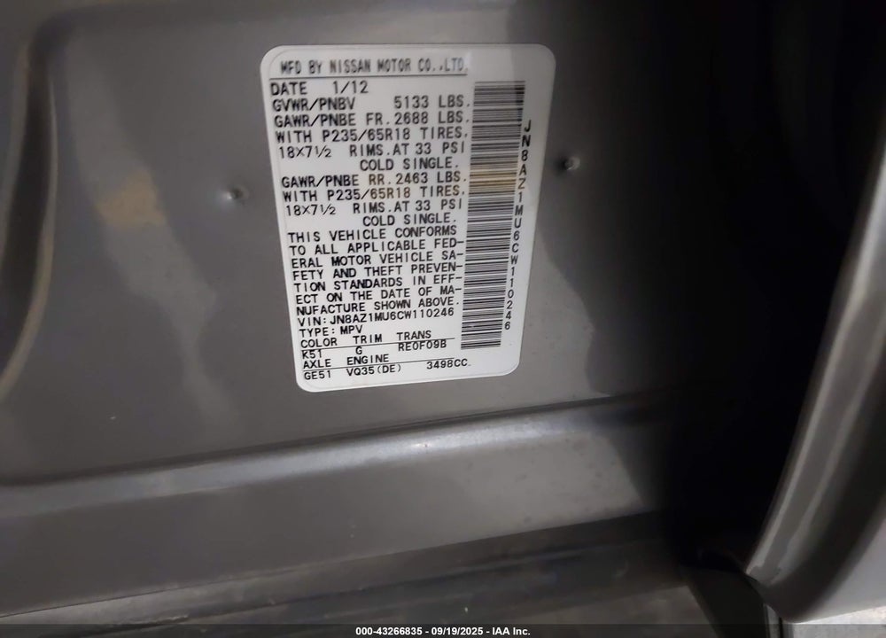 2012 NISSAN MURANO VIN: JN8AZ1MU6CW110246