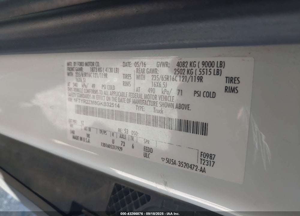 2016 FORD TRANSIT-250 VIN: 1FTYR2ZM8GKB32514