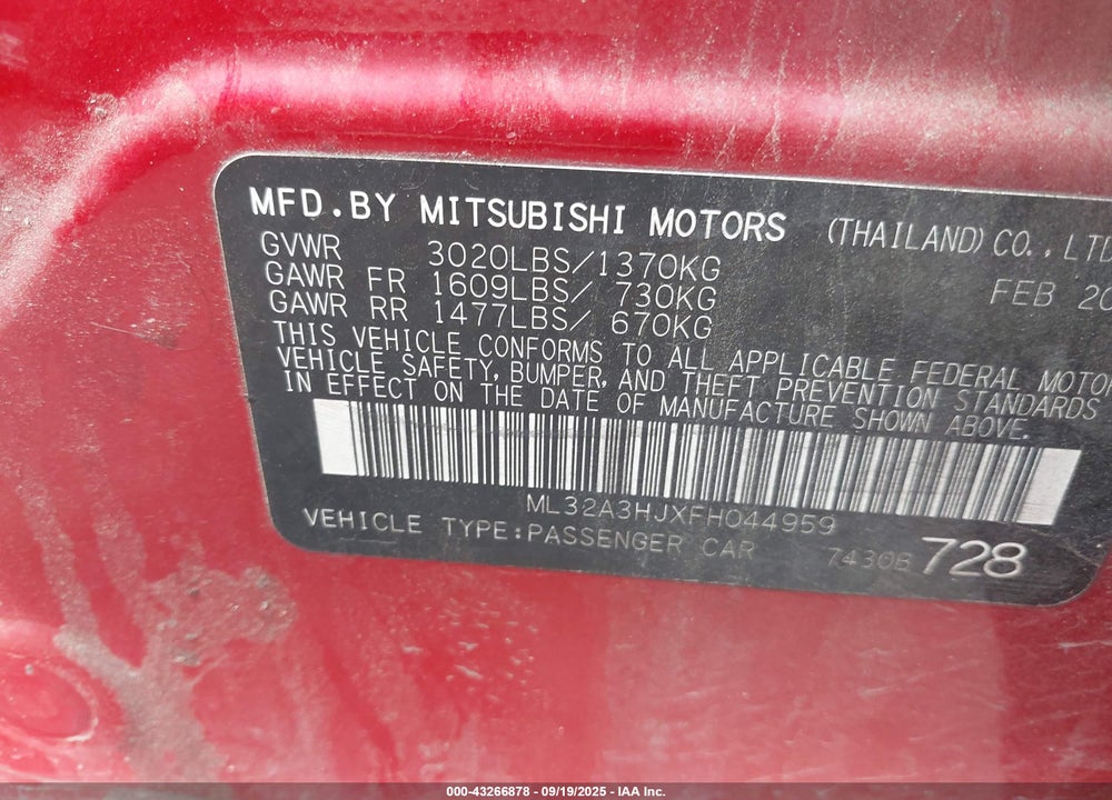 2015 MITSUBISHI MIRAGE VIN: ML32A3HJXFH044959