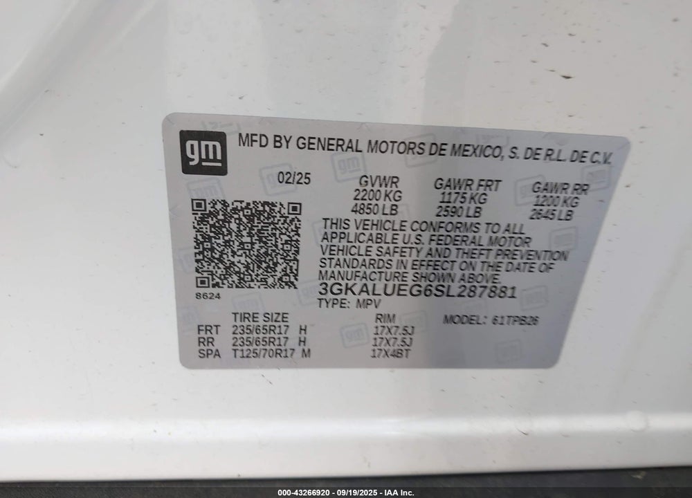 2025 GMC TERRAIN VIN: 3GKALUEG6SL287881