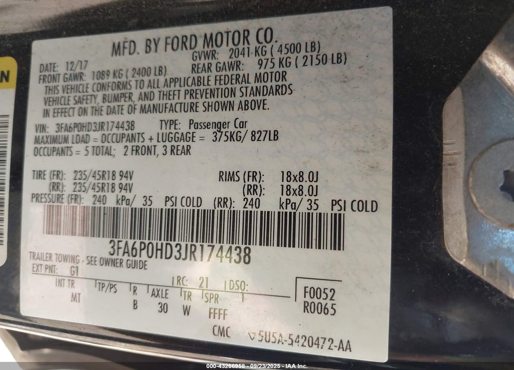 2018 FORD FUSION VIN: 3FA6P0HD3JR174438