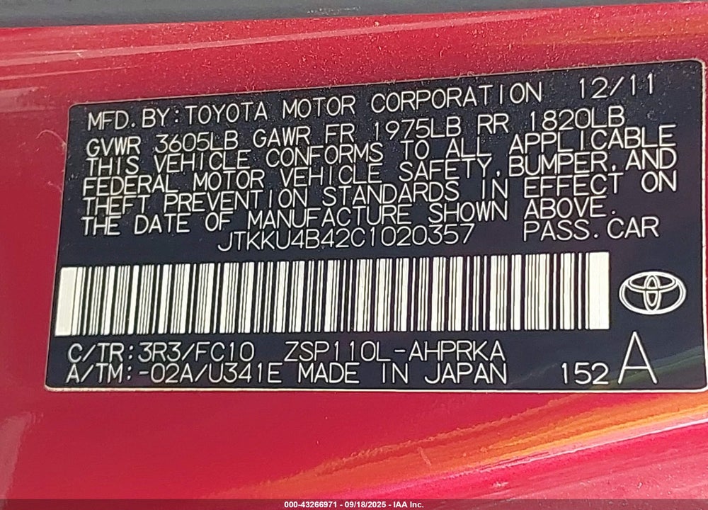 2012 SCION XD VIN: JTKKU4B42C1020357