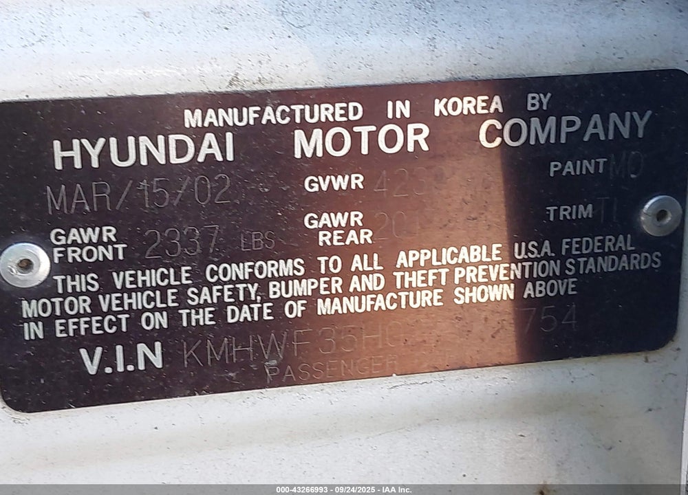 2002 HYUNDAI SONATA GLS/LX VIN: KMHWF35H02A646754