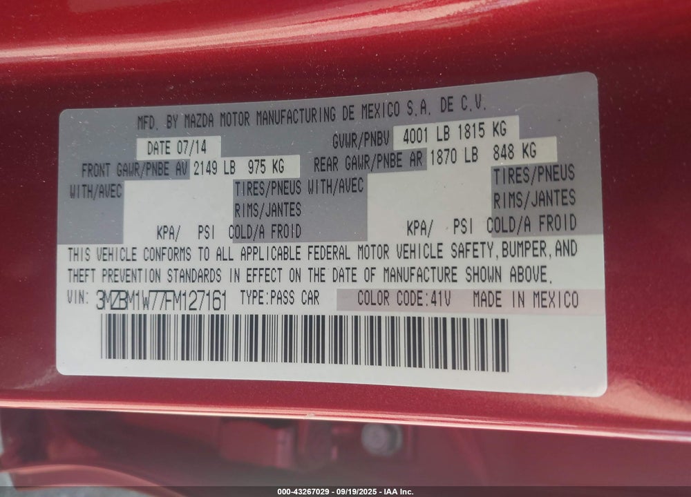 2015 MAZDA 3 VIN: 3MZBM1W77FM127161