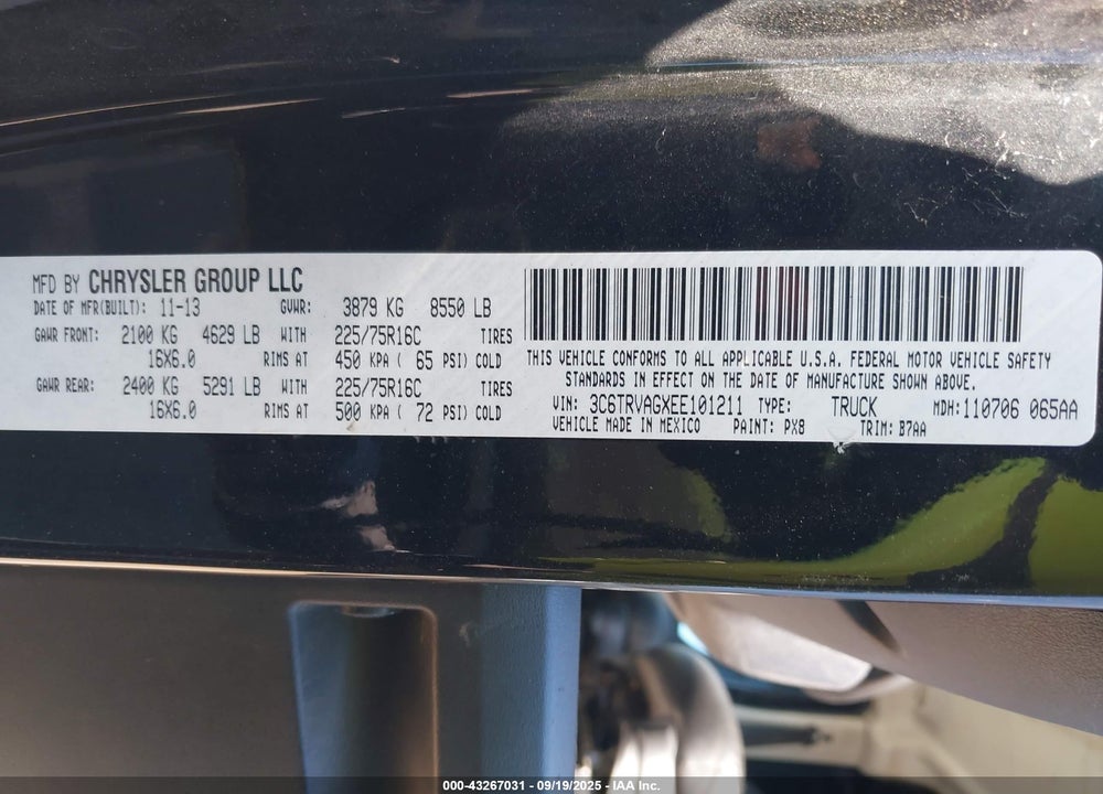 2014 RAM PROMASTER 1500 LOW ROOF VIN: 3C6TRVAGXEE101211