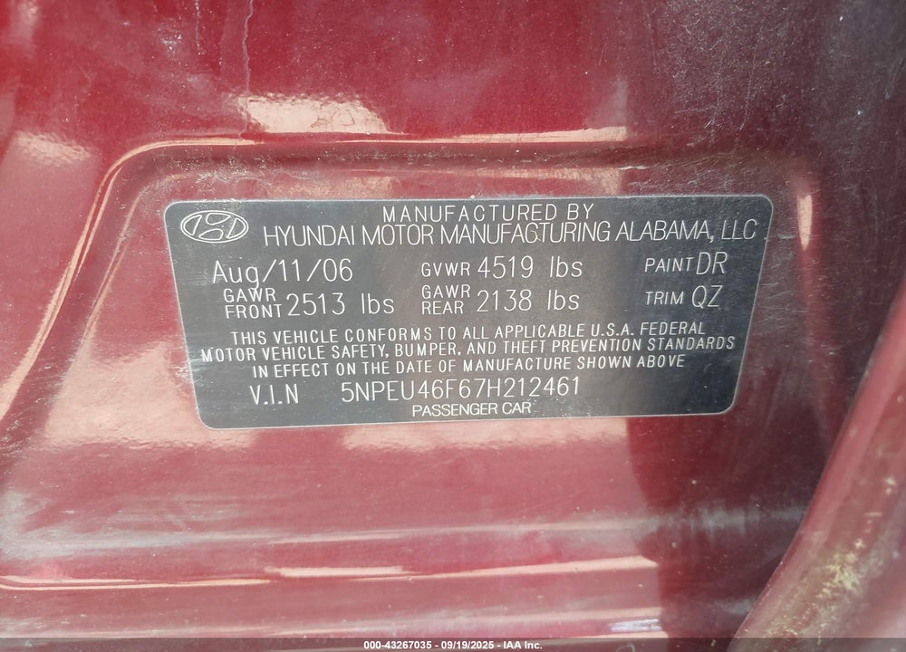 2007 HYUNDAI SONATA LIMITED/SE V6 VIN: 5NPEU46F67H212461