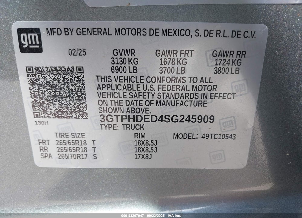 2025 GMC SIERRA 1500 VIN: 3GTPHDED4SG245909