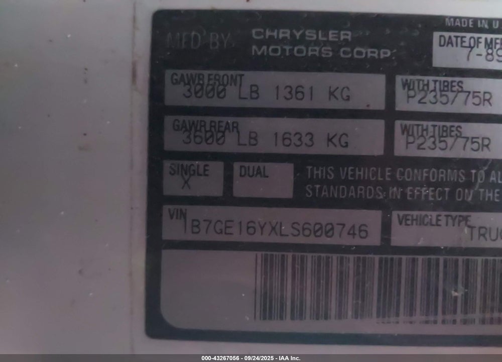 1990 DODGE D-SERIES D150 VIN: 1B7GE16YXLS600746