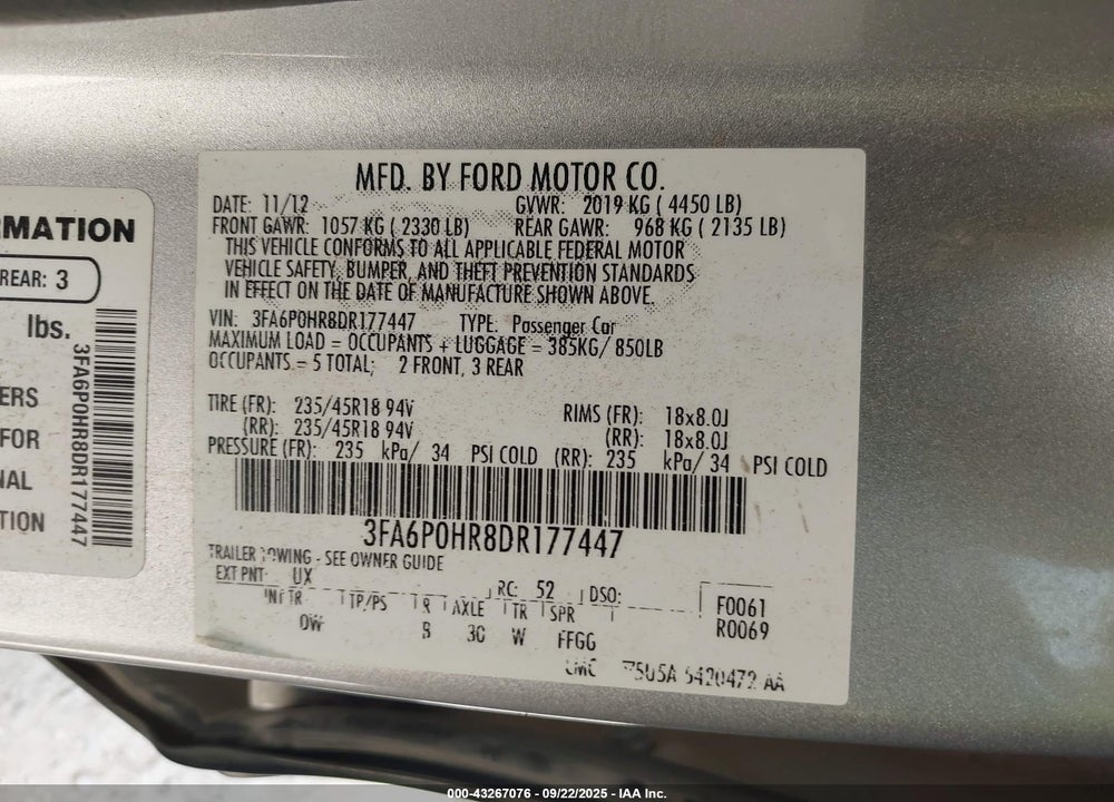2013 FORD FUSION VIN: 3FA6P0HR8DR177447