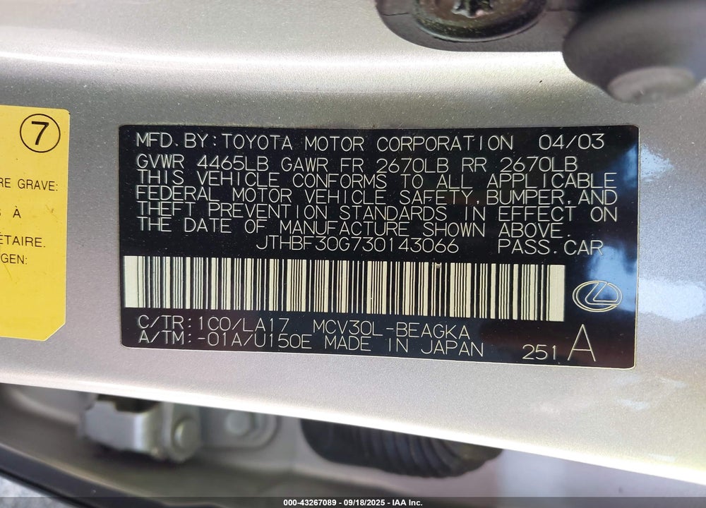 2003 LEXUS ES 300 VIN: JTHBF30G730143066