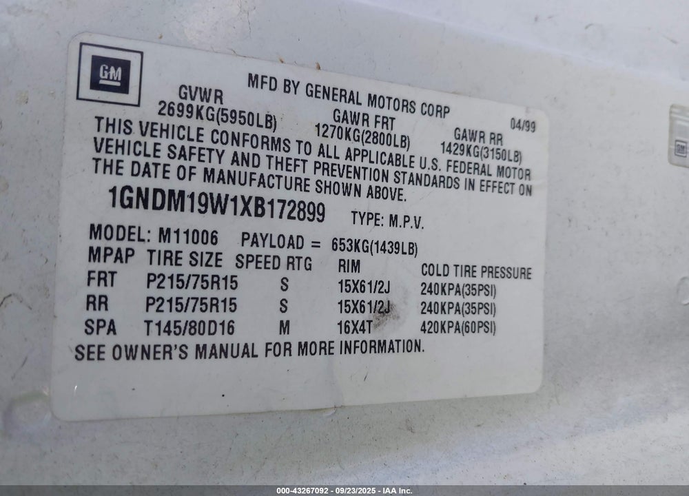 1999 CHEVROLET ASTRO VIN: 1GNDM19W1XB172899