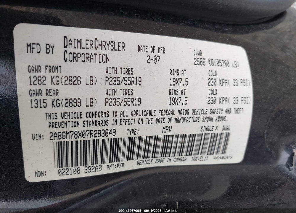 2007 CHRYSLER PACIFICA VIN: 2A8GM78X07R283649