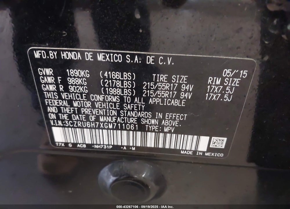 2016 HONDA HR-V EX-L VIN: 3CZRU6H7XGM711061
