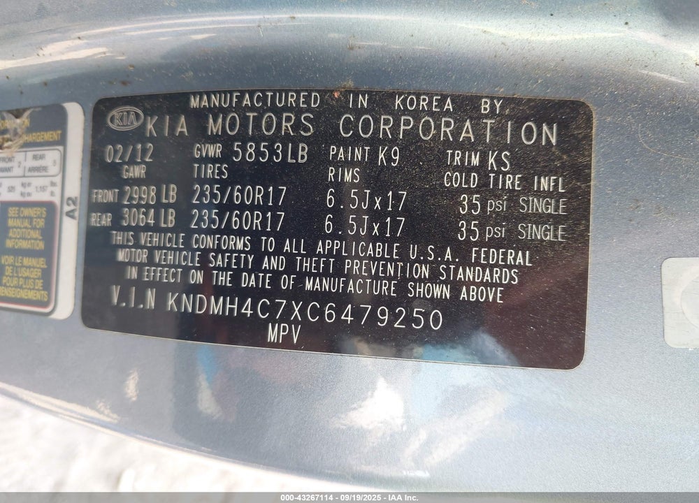 2012 KIA SEDONA VIN: KNDMH4C7XC6479250