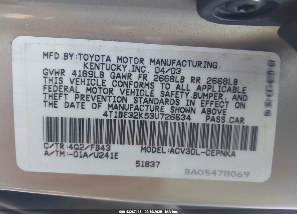 2003 TOYOTA CAMRY LE VIN: 4T1BE32K53U726634