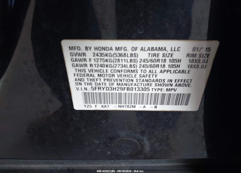 2015 ACURA MDX VIN: 5FRYD3H29FB013305